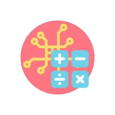 Teknoloji ve matematik ikonu. Bir mikroçip ve hesap makinesi anahtarı sembolü.