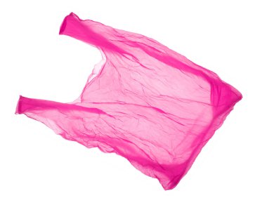Beyaz arka planda kırmızı-pembe plastik torba. Izole
