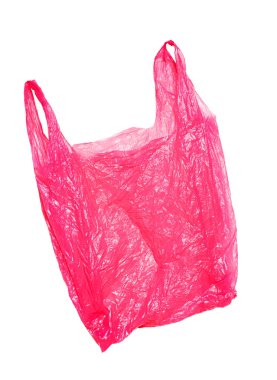 Beyaz arka planda kırmızı-pembe plastik torba. Izole