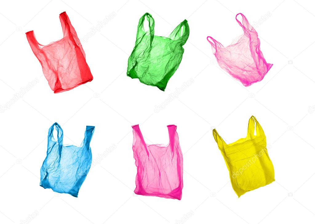 Plastic bags of different colors on a white background. Isolated images.