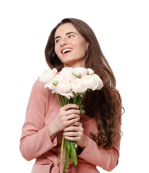 Bella giovane donna con i capelli lunghi scuri con un bouquet di fiori delicati  . — Foto Stock