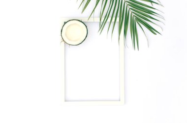 Çerçeve, Hindistan cevizi ve palmiye dalları ile tropikal ışık arka plan.