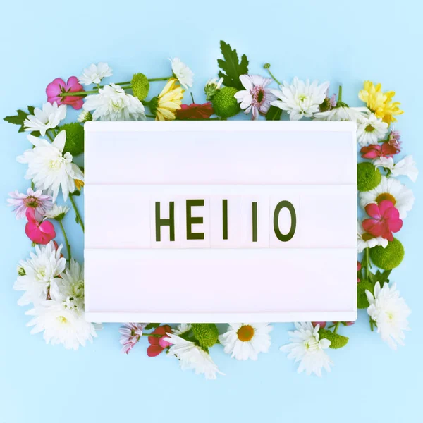 Lightbox with a flower arrangement and the word hello on a blue background. — Stock Photo, Image