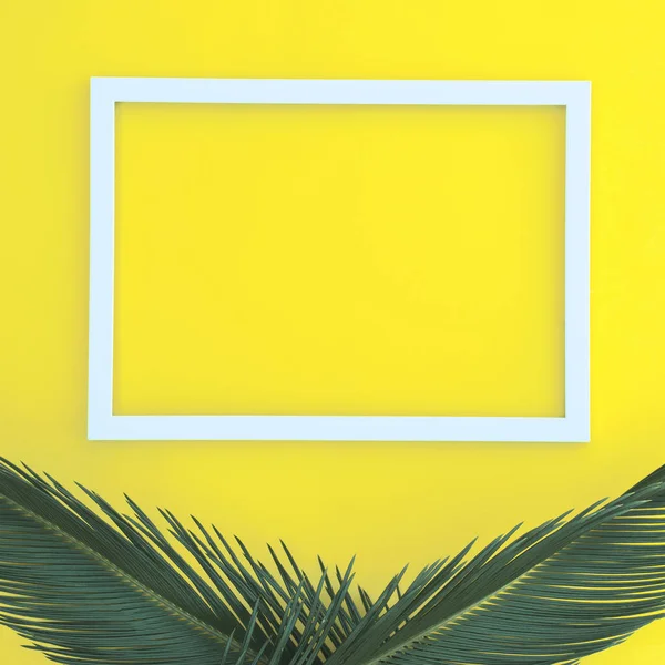 Ярко-желтый фон с пальмовыми ветвями и рамкой . — стоковое фото