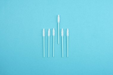 Kaşlar ve kirpik fırçaları turkuaz arka planda minimalist bir tarzda serilmiştir..