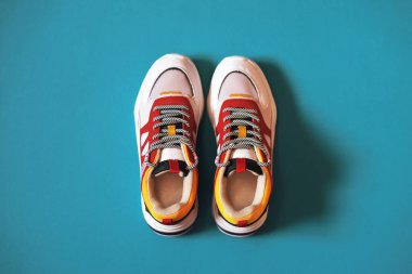 Turkuaz arka planda kadınların çok renkli spor ayakkabıları.. 