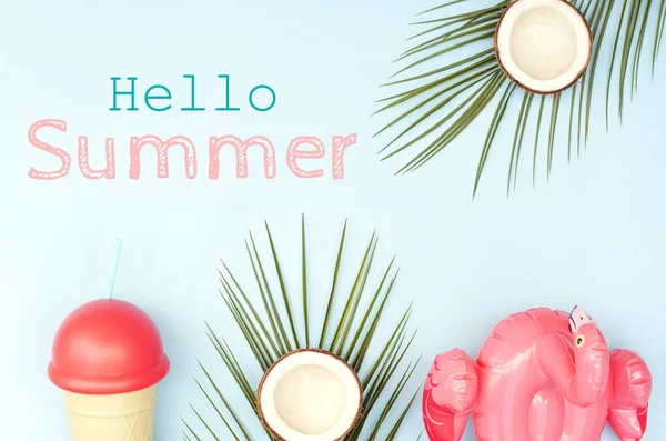 Summer background with a palm branch, coconut and flamingo. — Stock Photo, Image