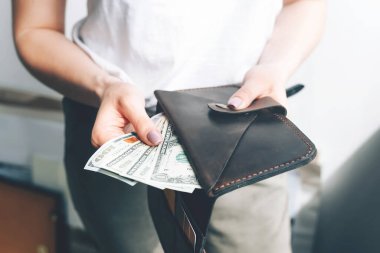 Kadın ellerinde dolar banknotları olan cüzdan. Bütçe. Ekonomik kriz.