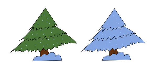 Állítsa be a két karácsonyfa zöld és havas elszigetelt fehér alapon. Az újév szimbóluma.. — Stock Vector