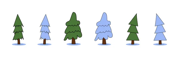 Set di alberi di Natale verdi vettoriali piani sotto fiocchi di neve. Collezione Capodanno . — Vettoriale Stock