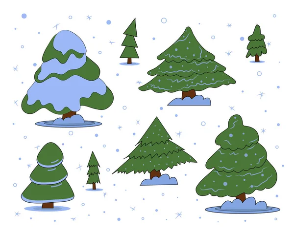 Große Weihnachts- und Neujahrs-Set von Cartoon-Weihnachtsbäumen unter fallendem Schnee. — Stockvektor