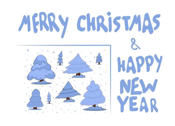 Καλά Χριστούγεννα και Καλή Χρονιά ευχετήρια κάρτα με χιονισμένα χριστουγεννιάτικα δέντρα κινουμένων σχεδίων και τα γράμματα. — Διανυσματικό Αρχείο