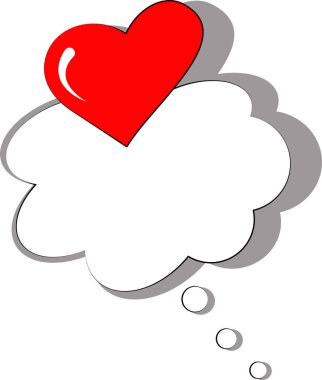 Metin için fotokopi alanı olan pop sanat konuşma balonu ve beyaz arka planda kırmızı kalp. Çizgi roman, düşünce bulutları, fikirler. Sevgililer Günü için simge çıkartması. Düğün posteri, aşk baskısı.