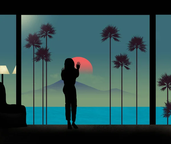 Žena Dívá Obrovského Okna Svém Domě Nábřeží Této Ilustraci Nábřeží — Stock fotografie