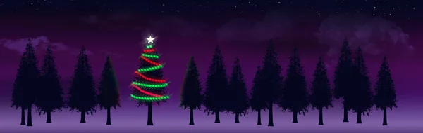 Işıklarla Süslenmiş Bir Noel Ağacı Doğadaki Bir Sıra Ağaç Arasındadır — Stok fotoğraf