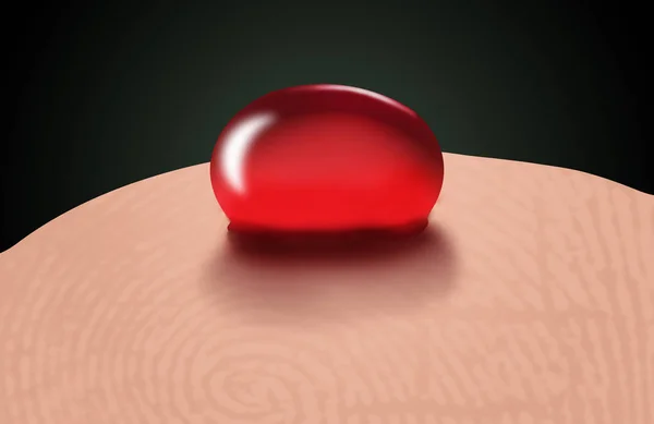 A drop of blood is seen on a finger tip in this illustration about diabetic testing.