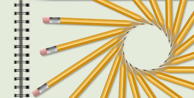 Sarı kalemler beyaz arka planda izole edilmiş spiral şeklinde dizilir. Bu, vergi hazırlama, okul ödevleri ve kalemlerle ilgili bir illüstrasyon..