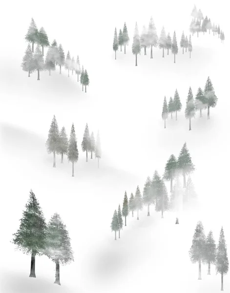 Stromy Mísí Mlhou Zasněžené Horské Straně Této Ilustraci — Stock fotografie