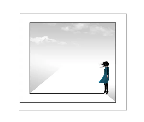 Dziewczyna Podróżuje Przez Labirynt Lub Labirynt Wiatrem Chmurami Tle — Zdjęcie stockowe
