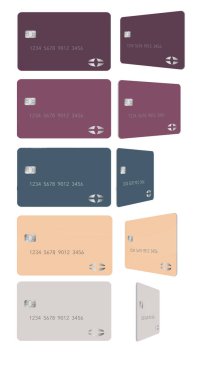 Burada her biri iki açıyı gösteren 5 farklı pastel renkli model kredi kartı veya bankamatik kartı var. Hepsi beyaz bir arkaplanda izole edilmiş..