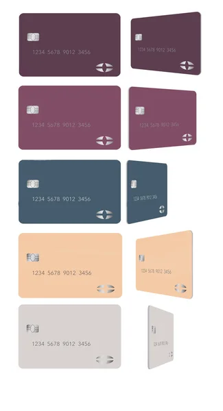5種類のパステルカラーのモックアップクレジットカードまたはデビットカードがあり それぞれ2つの角度が表示されます すべては白い背景に隔離されています — ストック写真