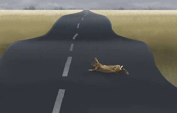 A rabbit is seen running across a road in a rural setting in this illustration.