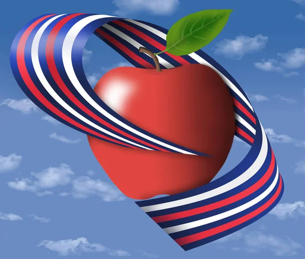 Bright Red Apples Wrapped Red White Blue Ribbon Floats Blue — Stock Photo, Image