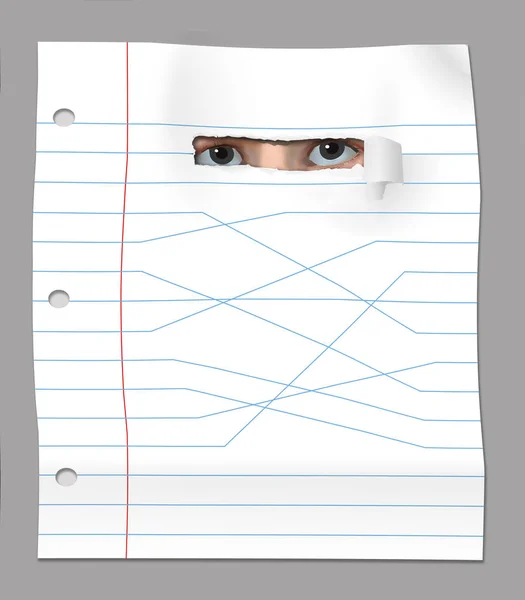 Oczy Studenta Zaglądającego Przez Dziurę Arkuszu Szkolnego Notesu Który Linie — Zdjęcie stockowe