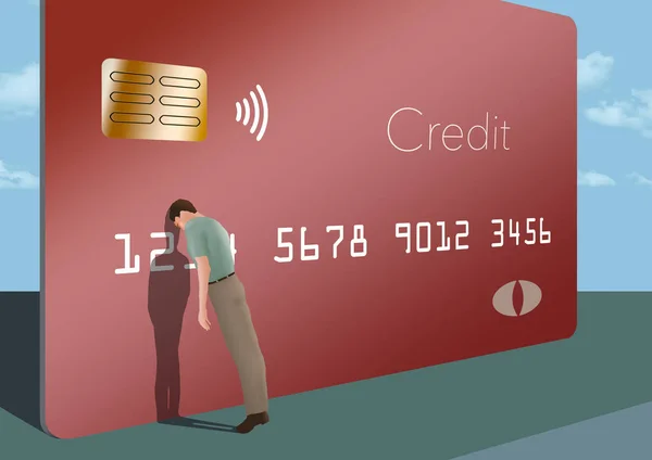 Rasande Man Lutar Sig Med Huvudet Mot Ett Gigantiskt Kreditkort — Stockfoto