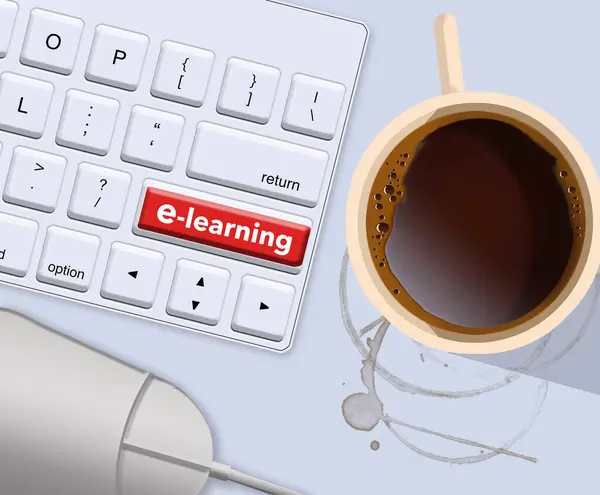 Learning Shown Computer Key Keyboard Cup Coffee Computer Mouse Nearby — Stock Photo, Image