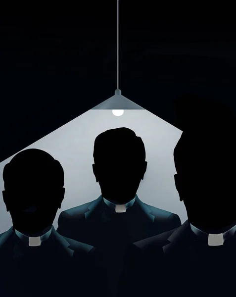 Три Католицькі Священики Являються Тіні Під Голими Лампами Лампи Висять — стокове фото