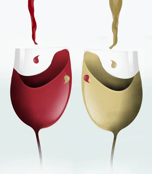 Dwie Kreskówkowe Kieliszki Wina Pochłaniają Strumienie Czerwonego Białego Wina Tej — Zdjęcie stockowe