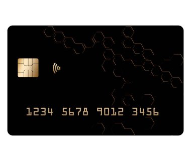 Burada siyah ve altın renkli bir kredi kartı var. Grafik tasarımı beyaz arka planda izole edilmiş.