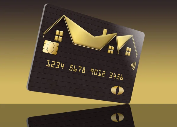 A gold roofed home is seen on a dark brick credit card in this illustration about home equity loans and reverse mortgages.