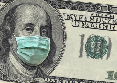 100 dolarlık banknotta Benjamin Franklin 'in kendini Covid-19 Coronavirus' tan korumak için ameliyat maskesi taktığı görülüyor. Bu bir çizim.