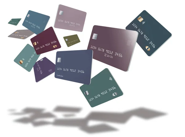 A dozen credit cards, or debit cards, are seen flying and floating, hovering above a white surface