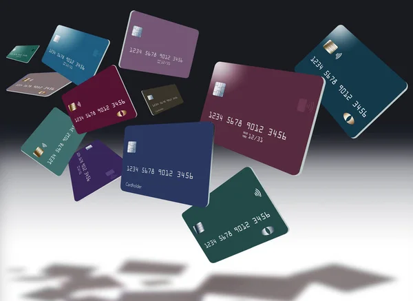 A dozen credit cards, or debit cards, are seen flying and floating, hovering above a white surface