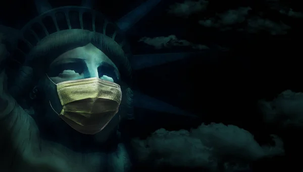 Statue of Liberty is wearing a surgical mask in this illustration about coronavirus Covid-19  causing dark days for America.