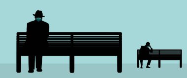 Cerrahi maskeler takan iki adam Covid-19 salgını sırasında halka açık bir yerde banklarda otururken sosyal mesafe çalışması yapıyorlar..