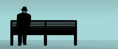 Cerrahi maskeler takan bir adam Covid-19 salgını sırasında halka açık bir yerde banklarda otururken sosyal uzaklık çalışması yapıyor..