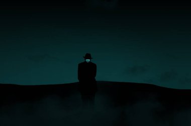 Covid-19 salgınının karanlık yüzü geceleri dışarıda cerrahi maske takan karanlık siluetli bir adam olarak görülüyor. Metin, resimdeki alanı kopyala.