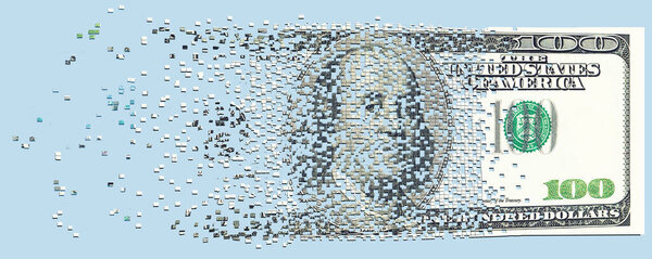 A one hundred dollar bill breaks into pixels as it flies through a cell phone. The illustration speaks to wireless online financial transactions that have become commonplace. Isolated on blue background