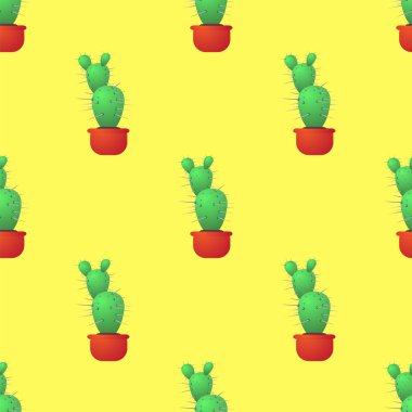 Sarı üzerine yeşil kaktüs Seamless modeli. Houseplant arka plan.