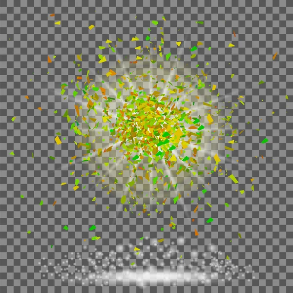 市松模様の背景の上の緑の部分の爆発雲 シャープな粒子がランダムに宙を舞う — ストック写真