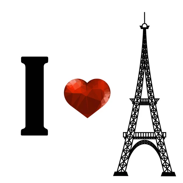 Torre Eiffel Silhouette e Cuore Poligonale Rosso — Vettoriale Stock