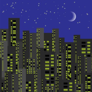 Gece şehir artalanları. Windows ile kentsel binalar