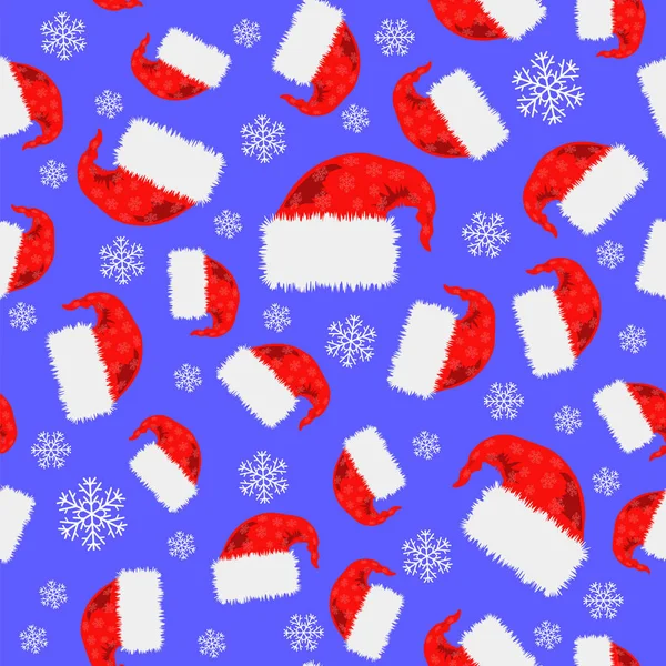 Roter Hut und Schneeflocken nahtloses Muster — Stockvektor