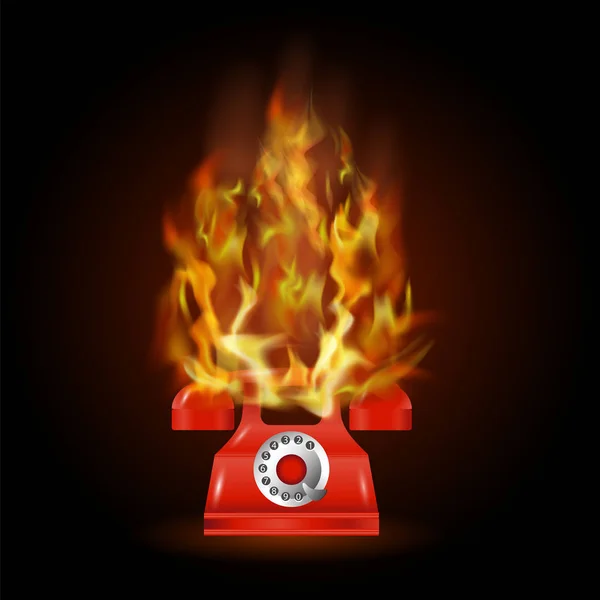 Brinnande röd telefon med eld flamma — Stock vektor