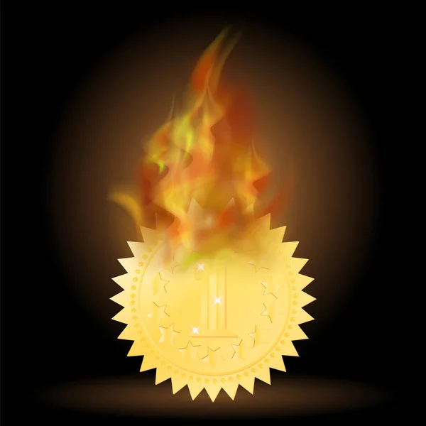 Égő tűz láng aranyérmet ikon — Stock Vector