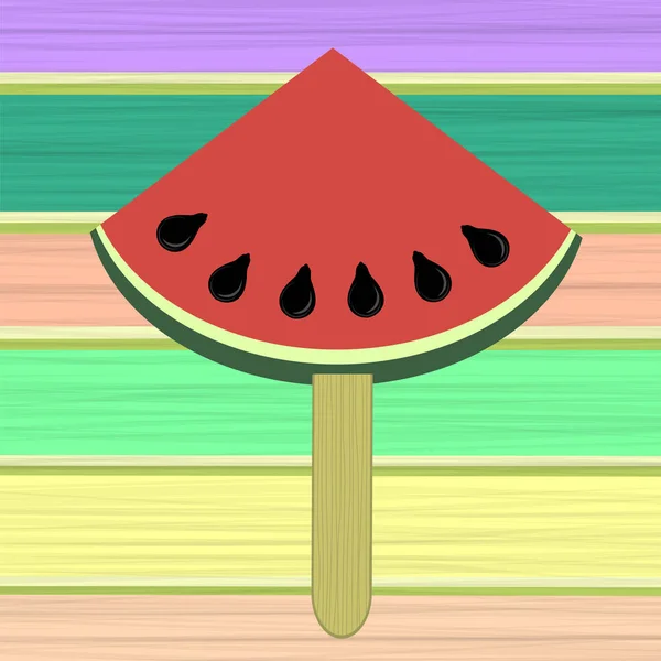 Fresh Slice of Watermelon on Colorful Wood Planks Background — Stock Vector